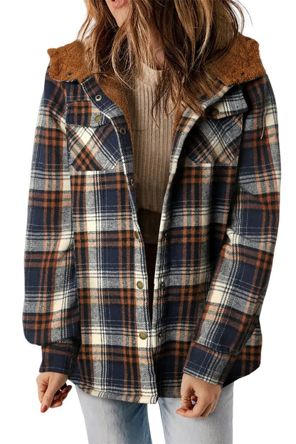 Plaid Pattern Sherpa Lined Hooded Jacket