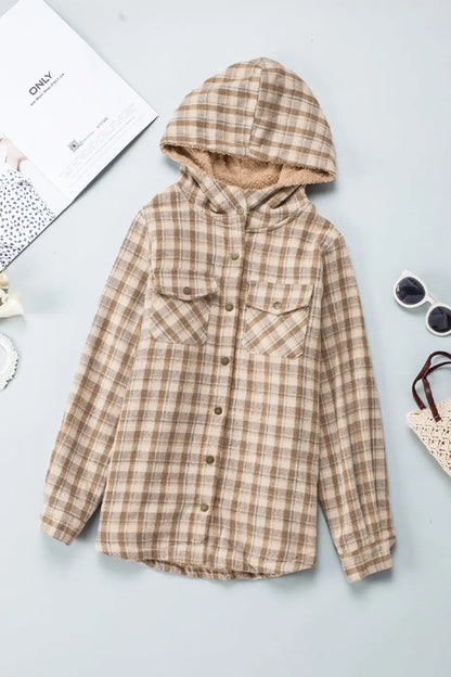 Plaid Pattern Sherpa Lined Hooded Jacket