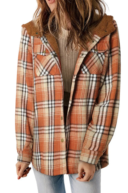 Plaid Pattern Sherpa Lined Hooded Jacket