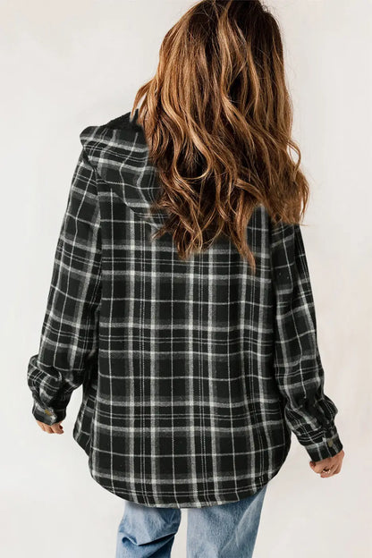 Plaid Pattern Sherpa Lined Hooded Jacket