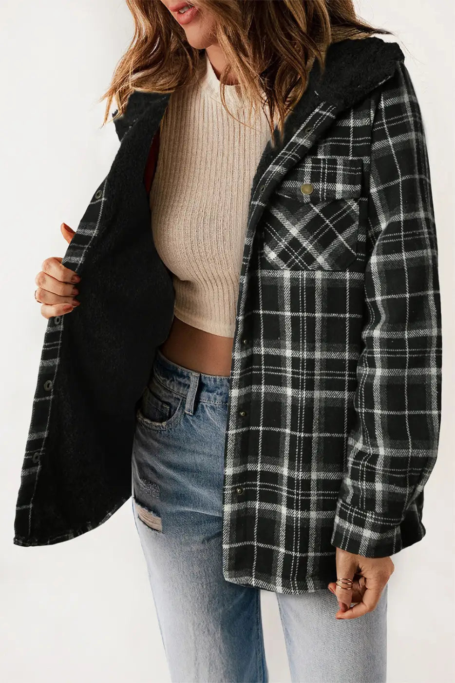 Plaid Pattern Sherpa Lined Hooded Jacket