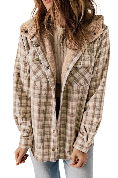 Plaid Pattern Sherpa Lined Hooded Jacket