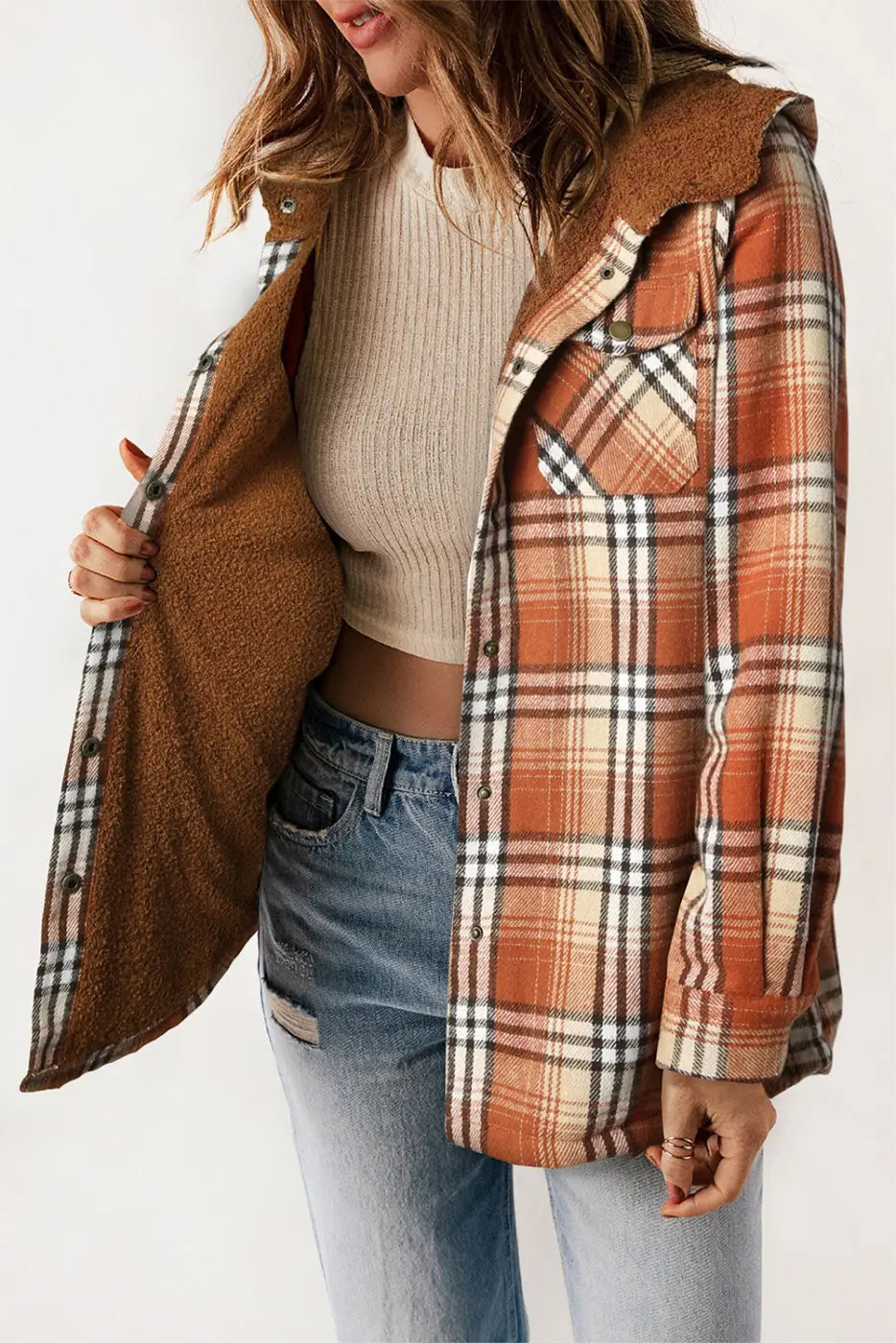 Plaid Pattern Sherpa Lined Hooded Jacket