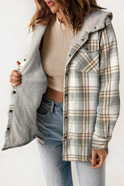 Plaid Pattern Sherpa Lined Hooded Jacket