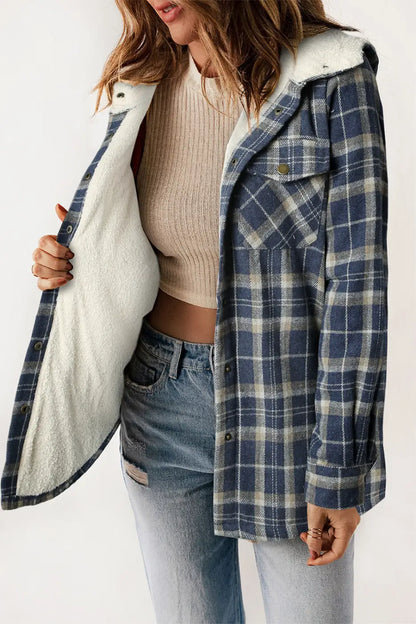 Plaid Pattern Sherpa Lined Hooded Jacket