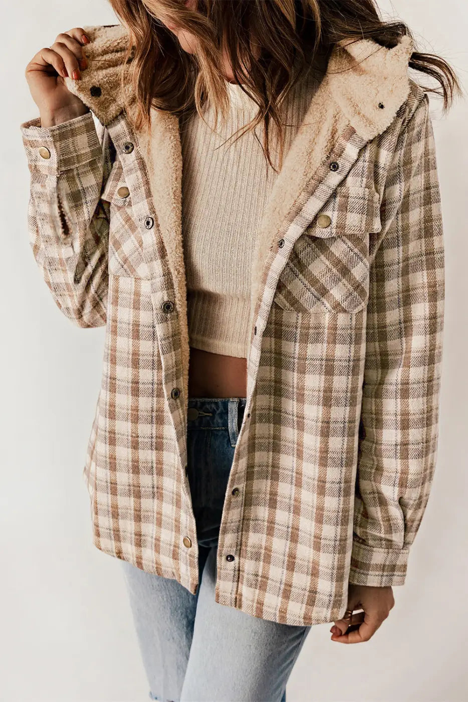 Plaid Pattern Sherpa Lined Hooded Jacket