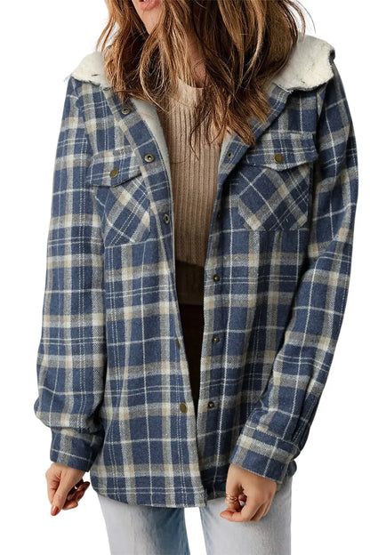 Plaid Pattern Sherpa Lined Hooded Jacket