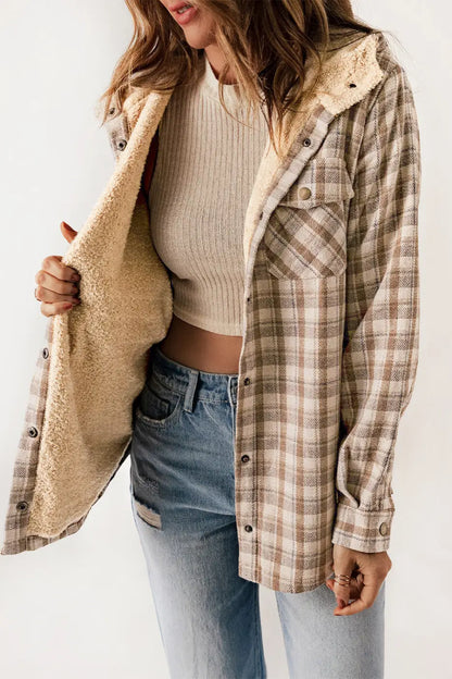 Plaid Pattern Sherpa Lined Hooded Jacket