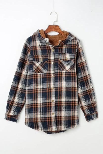 Plaid Pattern Sherpa Lined Hooded Jacket