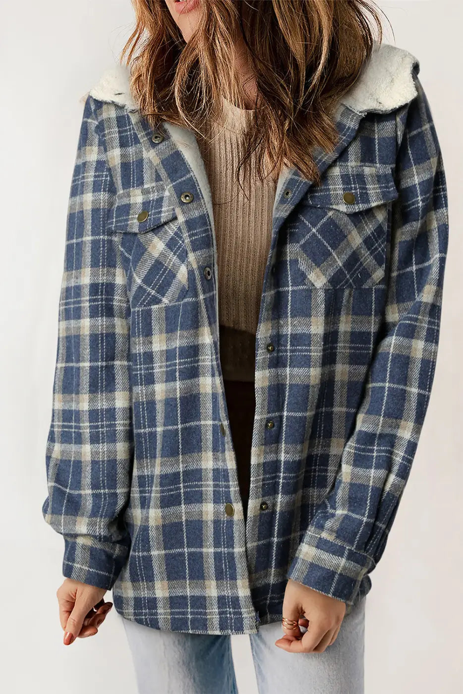 Plaid Pattern Sherpa Lined Hooded Jacket