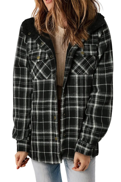 Plaid Pattern Sherpa Lined Hooded Jacket